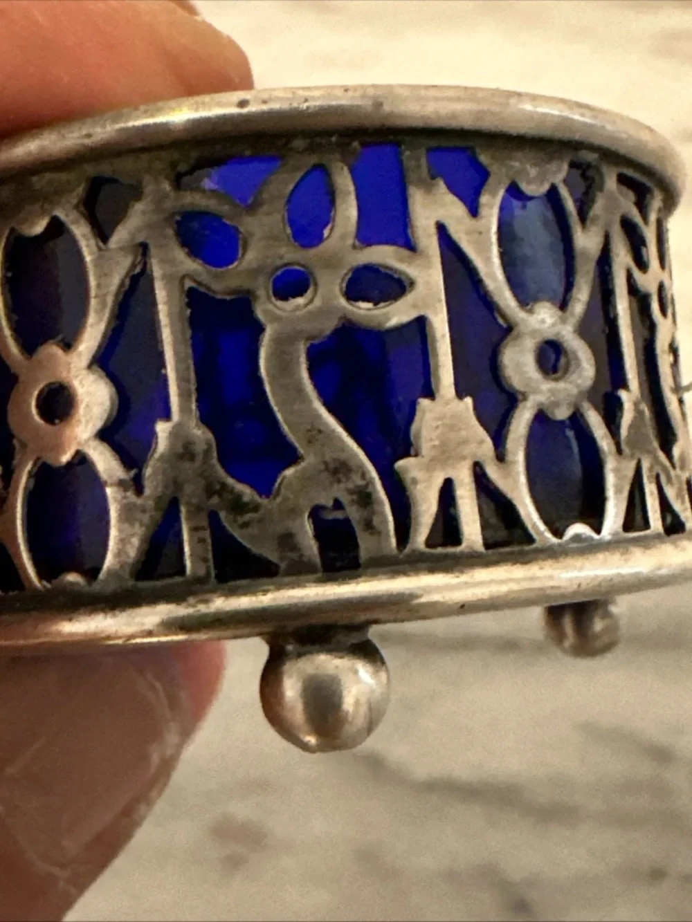 Antique sterling silver with cobalt blue glass insert salt cellar